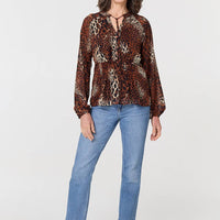 Animal Print Long Sleeve Tie Neck Blouse