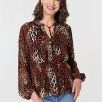 Animal Print Long Sleeve Tie Neck Blouse