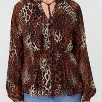 Animal Print Long Sleeve Tie Neck Blouse