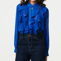 Ruffled Long Sleeve Semi Sheer Blouse