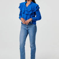 Ruffled Detail Long Sleeve V-Neck Blouse