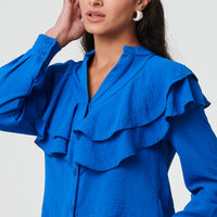 Ruffled Detail Long Sleeve V-Neck Blouse