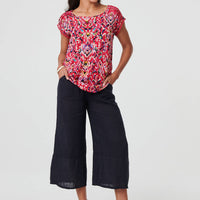 Printed Lace Trim Cap Sleeve Blouse