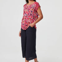 Printed Lace Trim Cap Sleeve Blouse