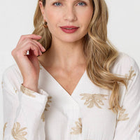 Embroidered Pleat 3/4 Sleeve Blouse