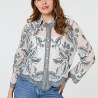 Leaf Embroidered Semi Sheer Lace Shirt