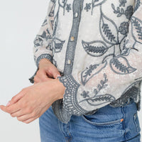 Leaf Embroidered Semi Sheer Lace Shirt