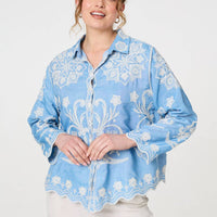 Embroidered Texture Scalloped Hem Shirt