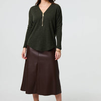 Zip Front V-Neck Relaxed 3/4 Sleeve Top
