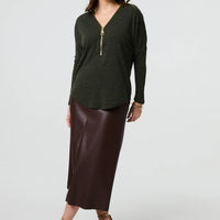 Zip Front V-Neck Relaxed 3/4 Sleeve Top