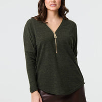 Zip Front V-Neck Relaxed 3/4 Sleeve Top