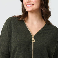 Zip Front V-Neck Relaxed 3/4 Sleeve Top