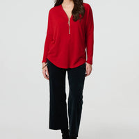 Zip Front V-Neck Relaxed 3/4 Sleeve Top
