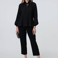 Pleated Tie Neck Long Sleeve Blouse