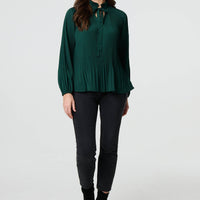 Pleated Tie Neck Long Sleeve Blouse