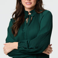 Pleated Tie Neck Long Sleeve Blouse