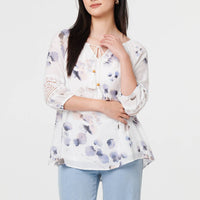 Printed Lace Trim Tie Neck Bardot Blouse