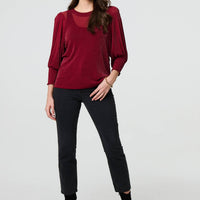 Sparkly 3/4 Puff Sleeve Mesh Top