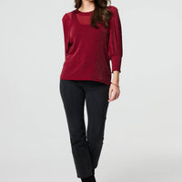 Sparkly 3/4 Puff Sleeve Mesh Top