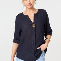 Button Detail 1/2 Sleeve V-Neck Blouse