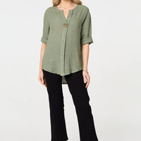 Button Detail 1/2 Sleeve V-Neck Blouse