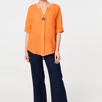 Button Detail 1/2 Sleeve V-Neck Blouse