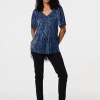 Semi Sheer Glittery Short Sleeve Top