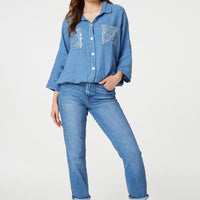 Sequin Detail 3/4 Turn-Up Sleeve Shirt