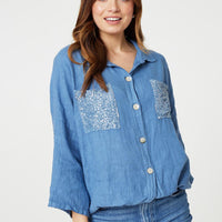 Sequin Detail 3/4 Turn-Up Sleeve Shirt