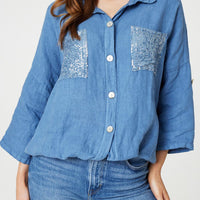 Sequin Detail 3/4 Turn-Up Sleeve Shirt