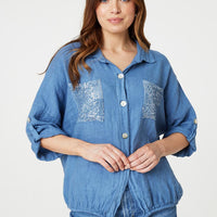Sequin Detail 3/4 Turn-Up Sleeve Shirt
