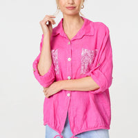 Sequin Detail 3/4 Turn-Up Sleeve Shirt