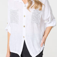 Sequin Detail 3/4 Turn-Up Sleeve Shirt