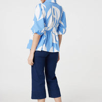 Abstract Puff Sleeve Tie Waist Blouse