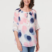 Printed Lace Trim Tassel Front Blouse