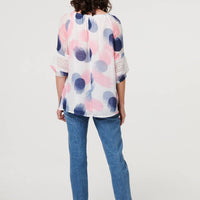 Printed Lace Trim Tassel Front Blouse