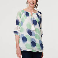 Printed Lace Trim Tassel Front Blouse