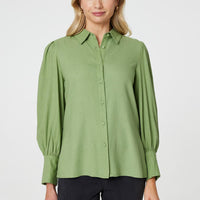 Plain Puff Sleeve Button-Up Shirt