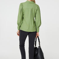 Plain Puff Sleeve Button-Up Shirt