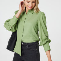 Plain Puff Sleeve Button-Up Shirt