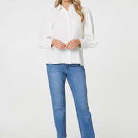 Plain Puff Sleeve Button-Up Shirt