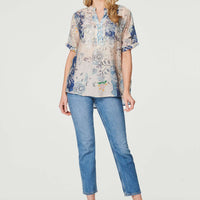 Floral Collarless Short Sleeve Blouse