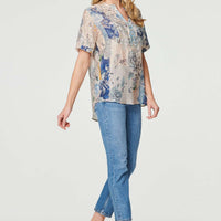 Floral Collarless Short Sleeve Blouse