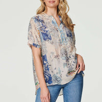 Floral Collarless Short Sleeve Blouse