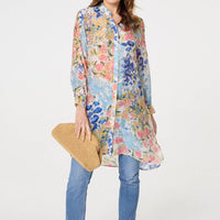 Floral Print Longline Semi Sheer Shirt