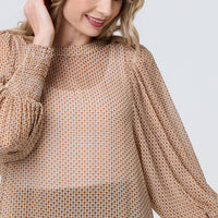 Mesh Fishnet Long Puff Sleeve Top