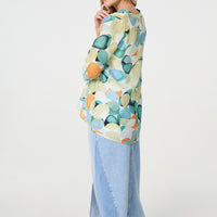 Printed Curved Hem 3/4 Sleeve Blouse