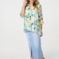 Printed Curved Hem 3/4 Sleeve Blouse