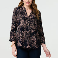 Leaf Print 3/4 Sleeve Collarless Shirt