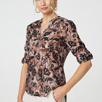 Floral 3/4 Sleeve Curve Hem Blouse
